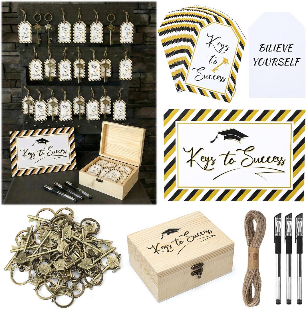 Novabright 56 Pcs Graduation Party Favor for Guest Graduation Keychains Bulk with Keys to Success Tags Wooden Box Class of 2026 Grad Gifts for Grad College Celebration Party Supplies Decor