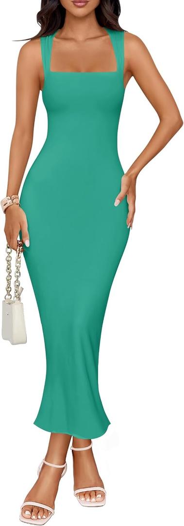 ZESICA Women's Summer Bodycon Midi Dress Sleeveless Square Neck Slim Fit Back Slit Long Cocktail Party Dresses (Green, M)