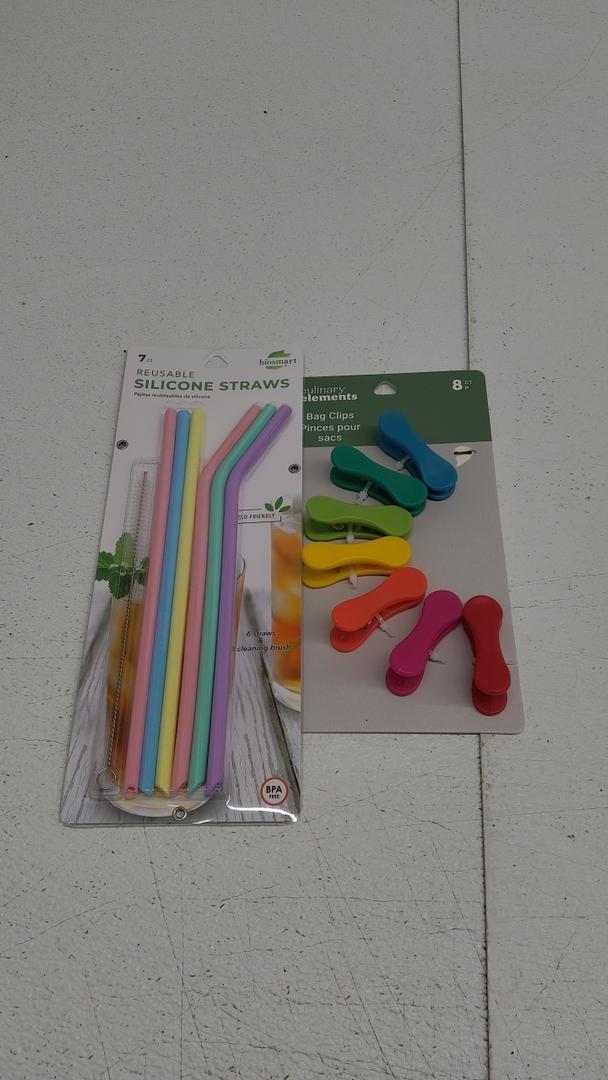 Biosmart Silicone Straws With Brush 7 Count, 1 Ea AND JACENT CULINARY ELEMENTS RAINBOW BAG Clips