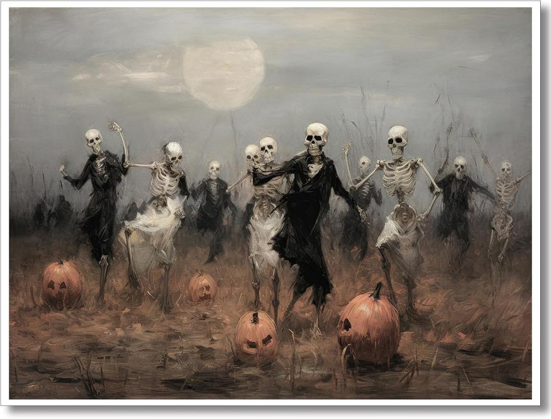 Ogyormpi Vintage Halloween Wall Art, Skeletons Dance Party, Neutral Pumpkin Prints, Dark Academia Victorian Gothic Decor - 16x24in Unframed