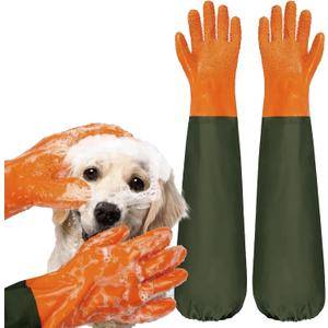 YOFANG Pet Grooming Gloves for Washing Dogs & Cats, 27.6" Extra Long Waterproof Rubber Bath Gloves, Anti-Bite Anti-Scratch Hair Removal Cat Bath Glove with Soft 3500+ Particles, Orange