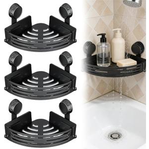 2026 New Triangle Suction Cup Corner Shower Shelf - No Drilling Bathroom Storage Rack with Towel Bar, Adhesive Organizer for Corners, Black, 3-Layer Design