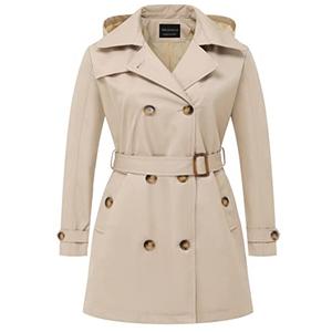 CREATMO US Women's Trench Coats Womens Mid Length Coat With Hood Double-Breasted Long Classic Lapel Overcoat Slim Outerwear Waterproof Belt Buckle Khaki S