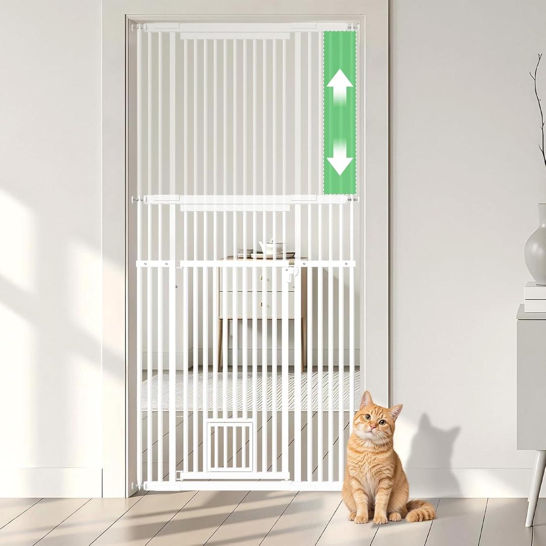 54"-87" Height Adjustable Extra Tall Cat Gate for Doorway, 27.1"-42" Extra Wide Pet Gate with Cat Door & Extension Kits, Pressure Mounted Dog Cat Barrier for Indoor Stairs, Studio, Kitchen (White)