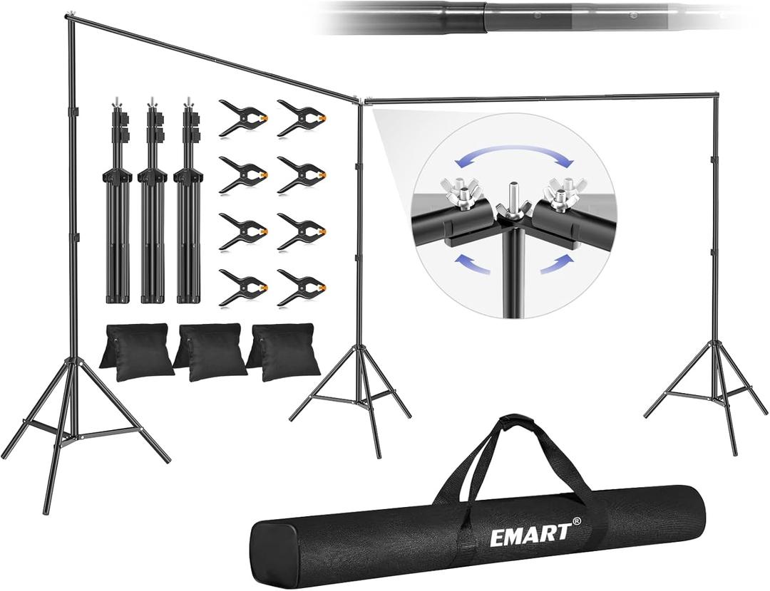 EMART Backdrop Stand, 20x7ft(WxH) Large Adjustable Background Support System with 308 Angle Rotatable Connector, 8 Clamps, 3 Sandbags and Carry Bag for Parties, Wedding, Photography Studio (Black)