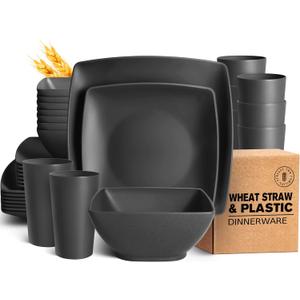 Teivio 32-piece Plastic Wheat Straw Square Dinnerware Set for 8, Unbreakable Dinner Plates, Salad Plates, Snack Bowls, Tumblers, Dishwasher Safe, Black 