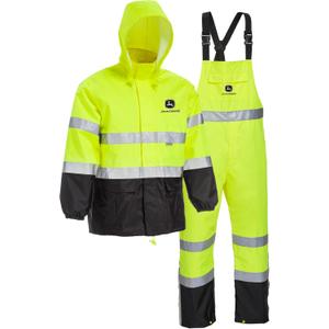 John Deere Hi-Visibility Rain Suit, ANSI Class 3, Poly Oxford with PU Backing, Hi-Vis Yellow/Black (Large)