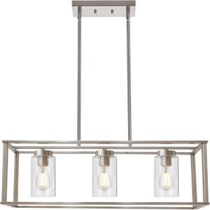 3 Light Linear Chandeliers Brushed Nickel with Clear Glass Shade Modern Kitchen Island Pendant Dining Room Light Fixture Hanging Farmhouse Ceiling Light for Living Room Bar