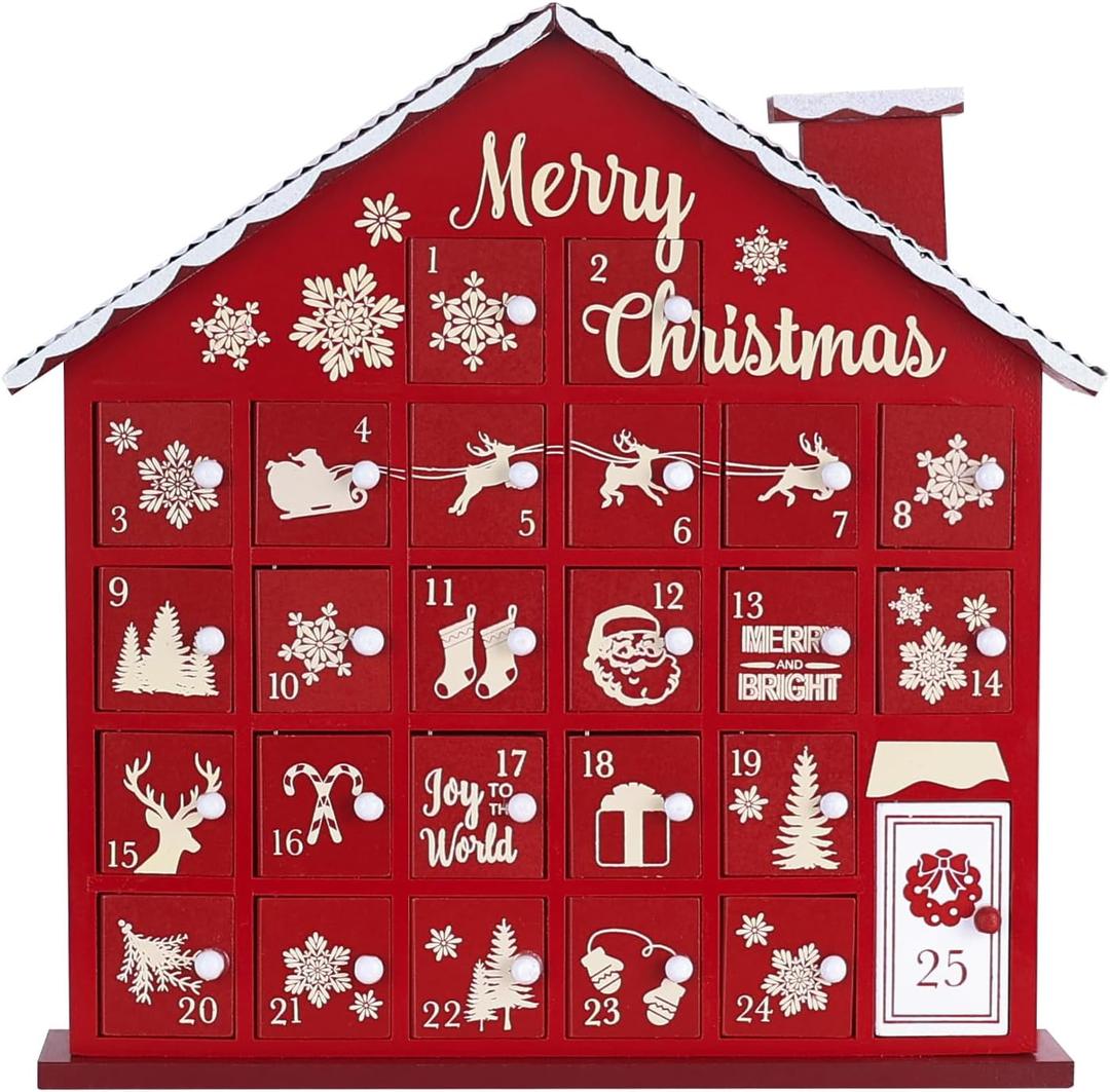 MEETYAMOR Christmas Advent Calendar, Wooden House 2025 Advent Calendar with 25 Large Drawers, 25 Days Until to Christmas Countdown for Home Indoor Living Room Table Mantel Decor, Red