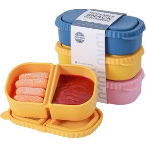 3 Pack Silicone Reusable Snack Containers with Lids - 8 oz Double Compartment Snackle Box for Kids & Adults, BPA-Free & Leakproof, Small for Dressing, Snacks, School, Office, Picnic