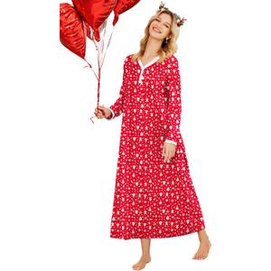 Ekouaer Women's Long Sleeve Nightgown Full Length Sleepwear Long Sleepshirts Henley Sleep Dress S-4XL (Large, Z-christmas Print 2)