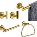 JQK Bathroom Hardware Set Gold, 5-Piece Bath Accessories Set Brushed Gold Wall Mount includes 24 in Towel Bar, 7 in Towel Ring, Toilet Paper Holder, 2 Towel Hooks, BAS165-BG
