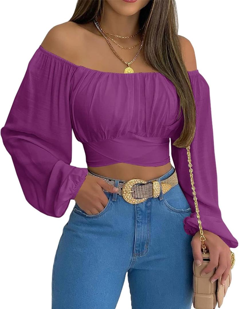 MIRACMODA Woman Off Shoulder Ruched Tie Back Crop Top Summer Lantern Sleeve Boho Shirt Blouse (Large, Purple) MIRACMODA Woman Off Shoulder Ruched Tie Back Crop Top Summer Lantern Sleeve Boho Shirt Blouse (Large, Purple)