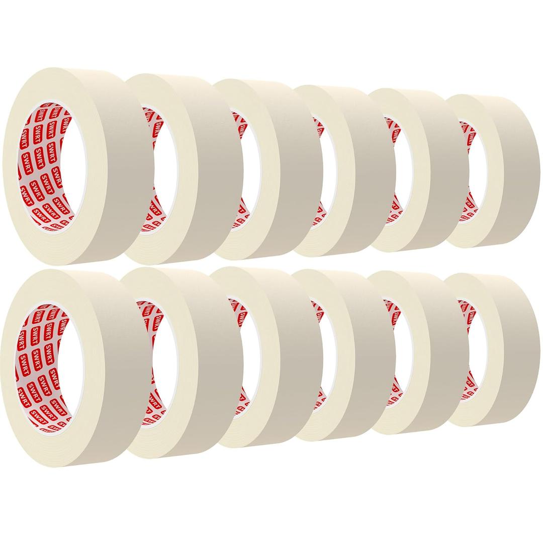 SWRT Masking Tape 1 inch x 55 Yards x 12 Rolls (660 Total Yards), Adhesive Painting Tape Bulk for General Purpose Beige White Color for Painting, Crafting, School Stationery, Arts, Home Use etc