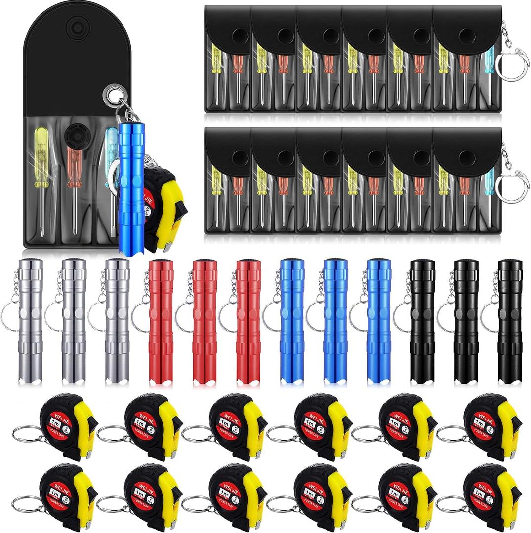 36 Pcs Mini Screwdriver Tape Measure Keychains LED Flashlights Keychain Set Christmas Stocking Stuffers Bulk Adult Pinata Stuffers Tool Party Favors Neighbor Gifts for Men, No Batteries Included