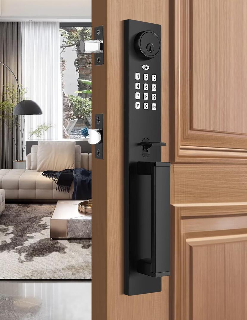 Keyless Entry Door Lock with Lever, Full Escutcheon Smart Door Handle, Digital Keypad Deadbolt with App, Front Door Handleset with Single Cylinder Deadbolt and Lever, Auto Locking, Black Finish