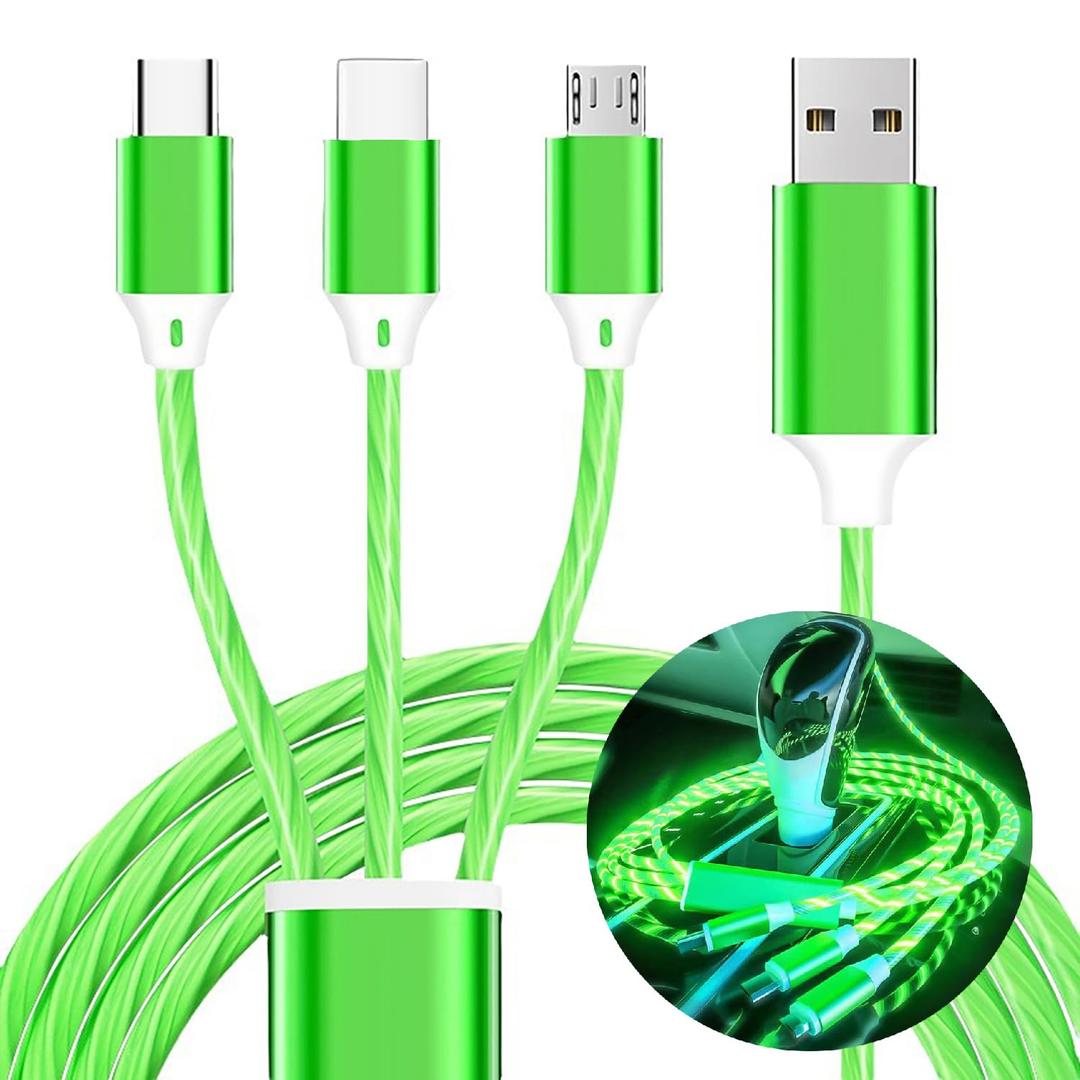 3 in 1 Light up Charging Cable,Multi LED Charging Cable,Light Up Charger Cord,3A USB Cable,Compatible with Most Smart Phones (green (1.2m/3.9ft))