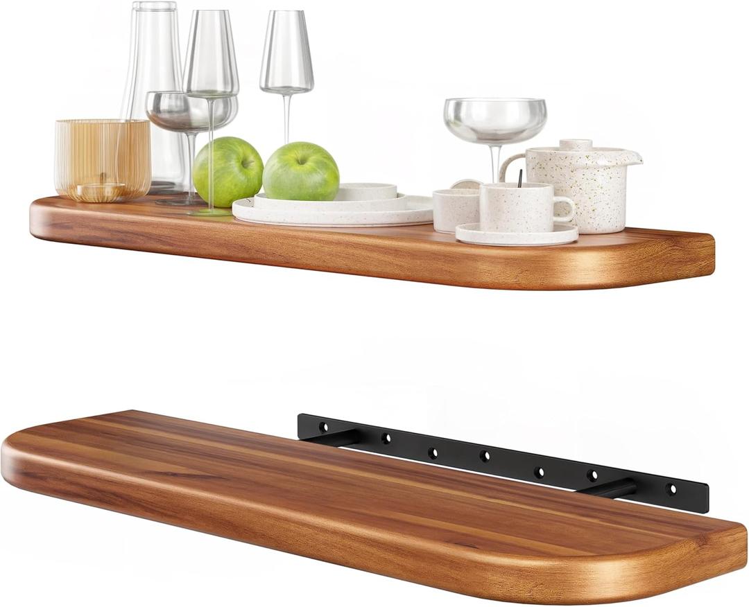 BATODA 24" Acacia Wood Floating Shelves Wall Mounted (Round Edge)  Rustic Farmhouse Wooden Wall Storage Shelf for Bedroom, Kitchen - Brackets and Shelving Hardware Included (Acacia,24 Inch Length) (24 Inch Length, Acacia)