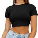 WYNNQUE Womens Crop Tops Cute Summer Scoop Neck Basic Tees Slim Fit Trendy Short Sleeve T Shirts for Teen Girls 2025 (Medium, Black)