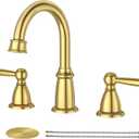 CREA Gold Bathroom Faucet 3 Hole,2 Handles 8 Inch Widespread Bathroom Faucets with Drain,360°Swivel 3 Pieces Brushed Gold Faucet for Bathroom Vanity Basin Mixer Tap(cPUC Supply Line)