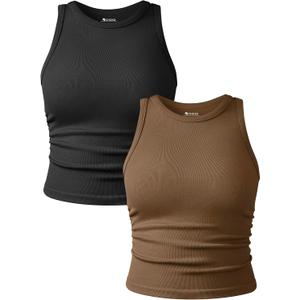 OQQ Women's 2 Piece Tank Tops Crew Neck Sleeveless Basic Stretch Casusal Yoga Crop Camis (Brown, M)