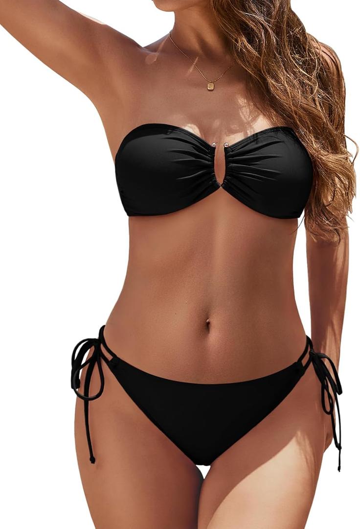 YACUN Women's 2 Piece Strapless Bandeau Bikini Set U-Wire Cheeky Bathing Suit Lace up Swimsuits (Black, S)