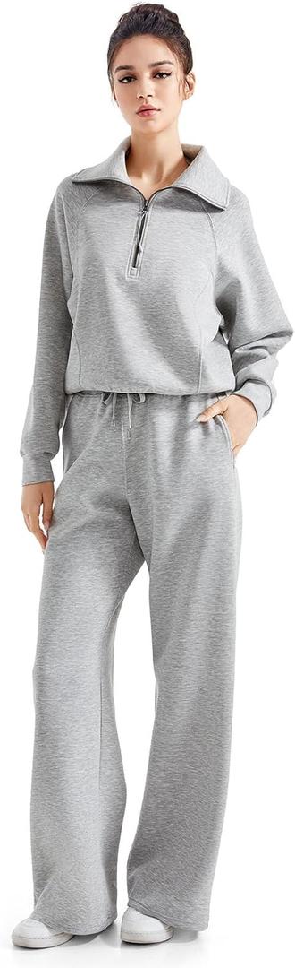 SUUKSESS Women 2 Piece Lounge Matching Set Wide Leg Sweatpant Half Zip Sweatshirt (X-Small, Grey Heather)