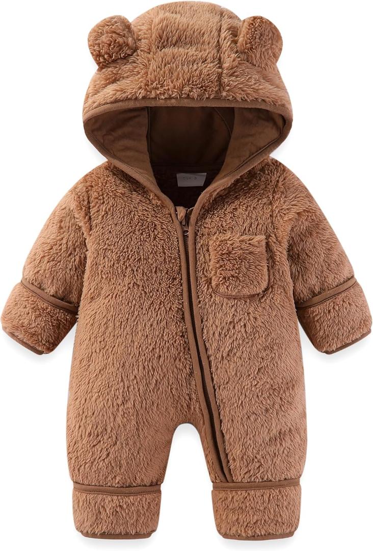 AiWMGL Newborn Baby Bear Outfit With Fold-Over Mittens and Footies Girls Boys Winter Fleece Clothes Hooded Romper Snowsuit (3-6 Months, Brown)