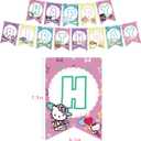 Kawaii Cartoon Theme Birthday Decorations And Party Supplies Include: Birthday Banner, Backdrop, Hanging Swirls, Balloons, Cupcake Toppers, Tablecloth.