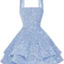 Women's Short Scoop Neck Sequin Homecoming Dresses Sparkly Sweet 16 Photo Tiered Short Cocktail Party Gown DE237 (0, Light Blue)