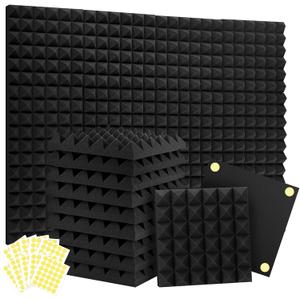 Focusound Acoustic Panels 24 Pack 2"x12"x12" with 120 PCS Double-Side Adhesive - Sound Proof Pyramid Foam for Walls, Home Studio Noise Absorption & Echo Control Kit
