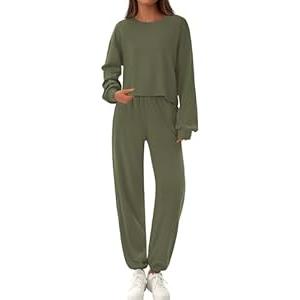 PRETTYGARDEN Women's Two Piece Lounge Sets 2025 Fall Airport Outfits Long Sleeve Pullover Tops Sweatpants Matching Clothing (Army Green, X-Large)