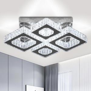 22" Crystal Chandelier Square Ceiling Light Led Flush Mount Ceiling Lighting Modern Crystal 4 Lights Chandeliers for Living Room Bedroom Kitchen Cool White