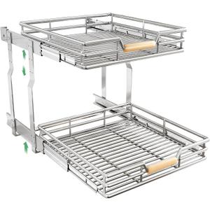 Pull out Cabinet Organizer, 2 Tiers 23"W X 21"D, Heavy Duty Smooth Sliding Under Cabinet Shelves for Pots and Pans, Full-Extension Roll out Drawers, Slide out Organization for Home Kitchen Pantry