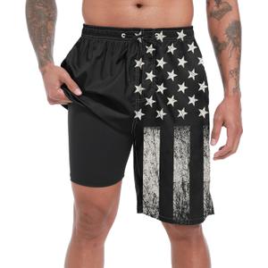 Mens Swim Trunks with Compression Liner, Vintage Black USA Flag Men Bathing Suit Swimming Trunks 9 Inch Inseam Board Shorts Men's Swimwear, 4 Way Stretch Beach Shorts Quick Dry Swimsuits, XL