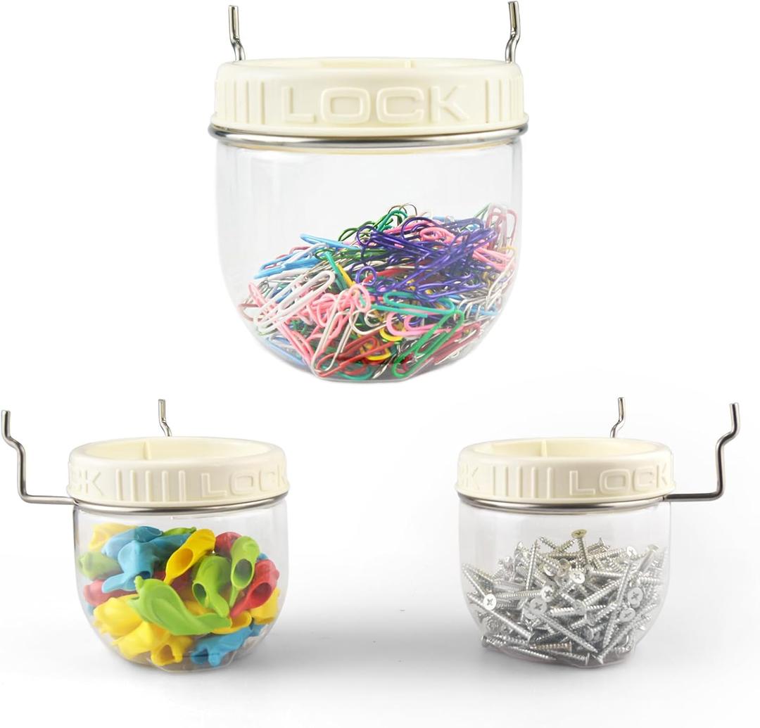 G.CORE Peg Board Organizer Clear Jars - 3 Pack Large Pegboard Accessories with Steel Hangers Fit 1/8 1/4 Holes - Pegboard Wall Containers for Garage Sewing Art Craft Room Office Organization (White)