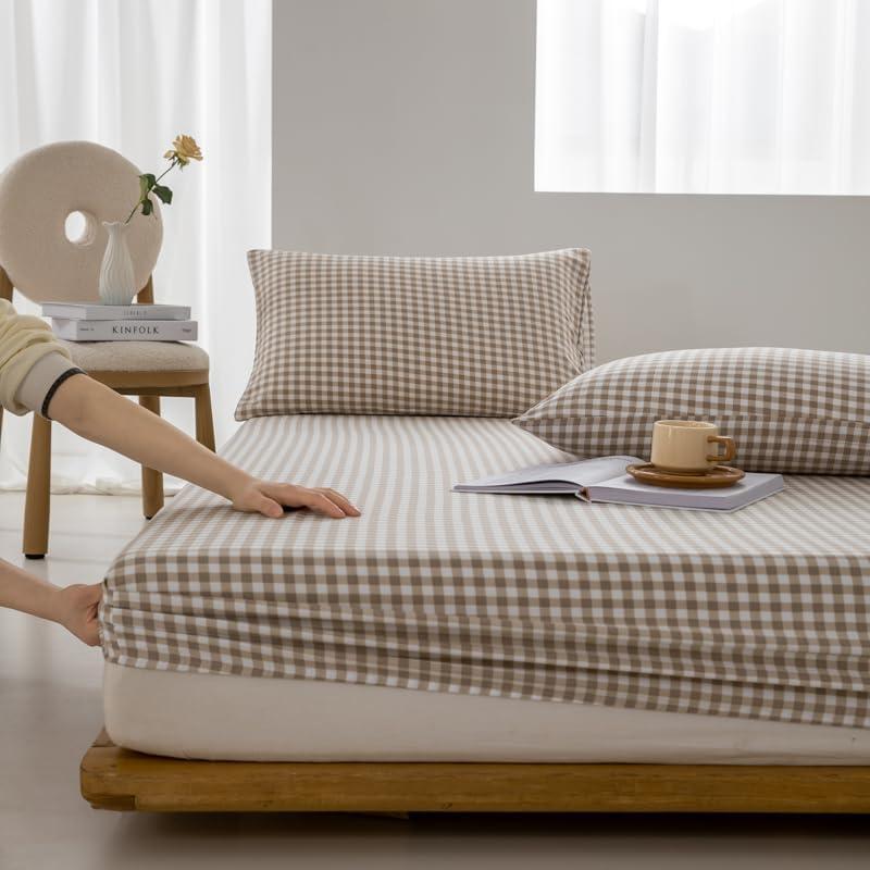 Kimko Buffalo Plaid Anti Slip Cover Grid Checkered Fitted Sheet for Bedroom,Gentle,Soft,Home Cozy and Breathable Single Item :Fitted Sheet* 1 (# 03, Full :47''X79'')