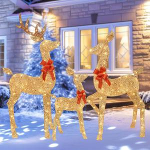 HOYECHI 5 FT Oversized Christmas Decorations Outdoor Lighted Reindeer  3-Piece 2D Deer Family Set with 160 Warm White LED Lights for Yard, Lawn, Garden & Porch Holiday Display - Gold