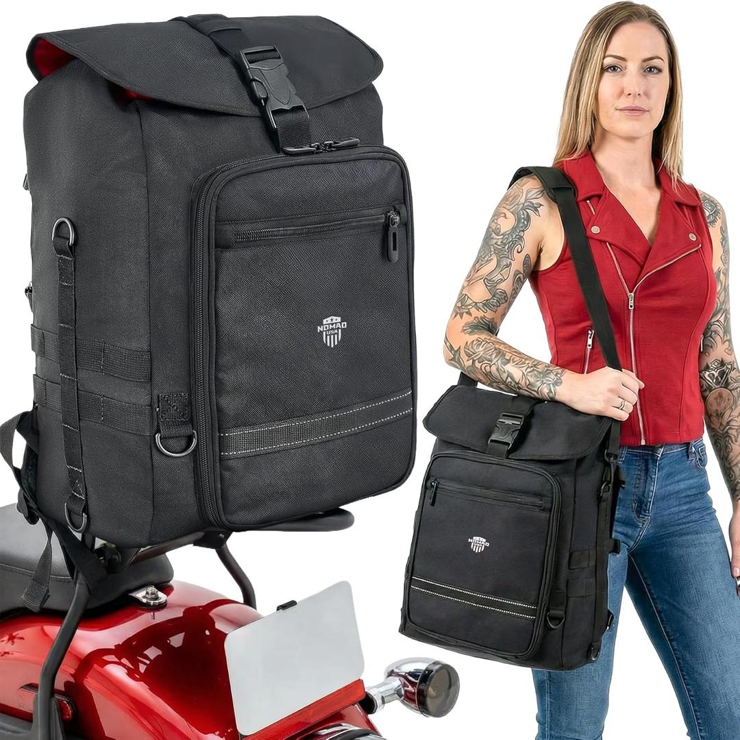 Nomad Motorcycle Sissy Bar Bag Expandable Roll Top Extra Storage Motorbike Tail Bag Converts to Handle & Shoulder Carry,15 Laptop Sleeve Weather Resistant Motorcycle Luggage Rack/Seat Travel (Black)