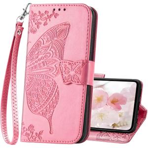 for Samsung Galaxy A16 5G Phone Case Wallet,Women Flip Cover with Credit Card Holders Butterfly Embossed PU Leather Stand Wrist Strap Purse Protective Case (Pink)