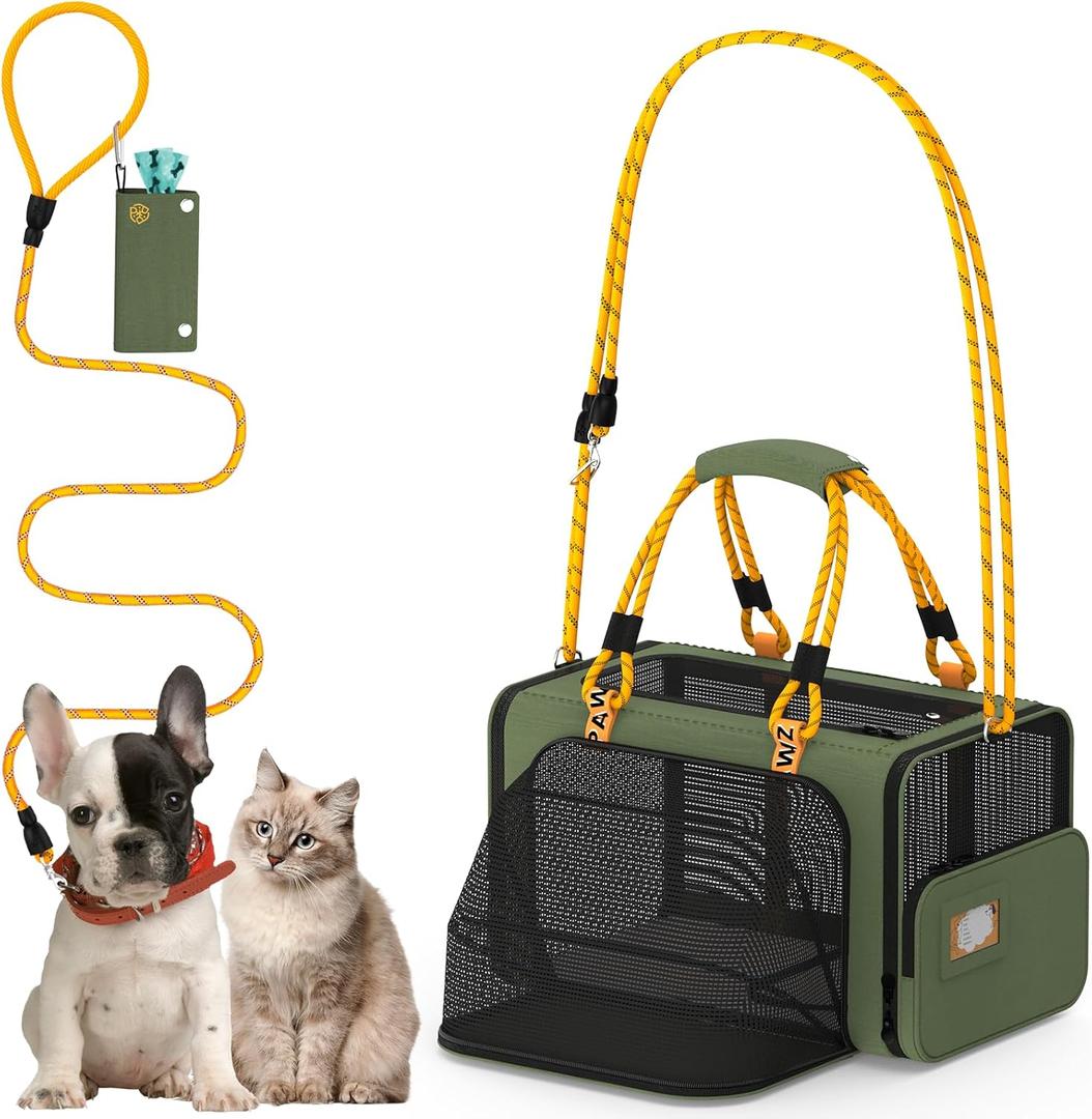 PAWZIDEA Expandable Pet Carrier, 18X11X11in TSA Airline Approved Cat Carrier w/ID Card for 2 Cats Under Seat, Soft-Sided Collapsible Small Dog Carrier Car Seat Travel Bag, Puppy Cat Crate Top Load (Forest Green)