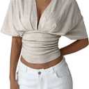 MakeMeChic Women's Crop Tops Deep V Neck Fitted Going Out Tops Y2k Short Sleeve T Shirt