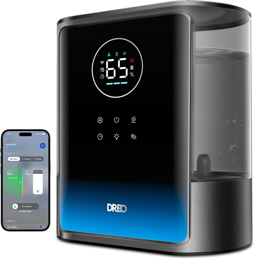 DREO 8L Smart Humidifiers for Bedroom 600ft, 80H Runtime Warm&Cool Supersized Mist Humidifier for Large Room Indoor, Quiet Whole House humidifier for Baby, Plants, with Alexa/Google, Black, HM717S