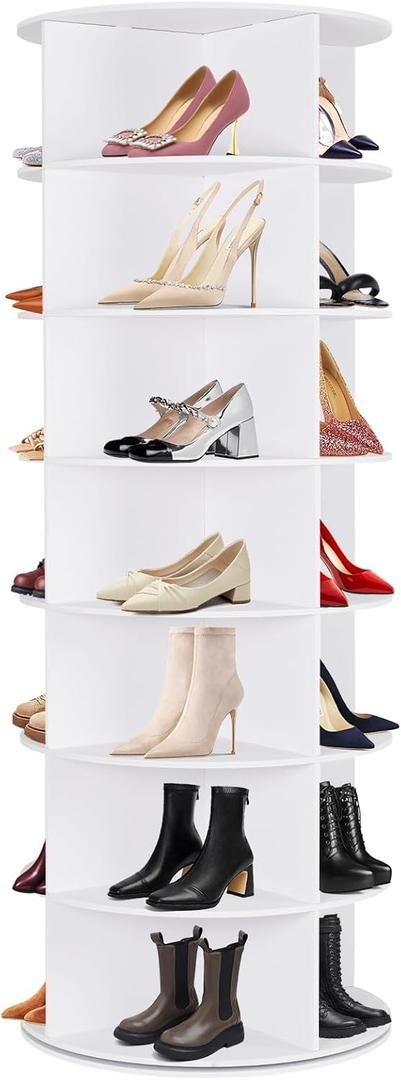 Rotating Shoe Rack Tower, 7 Tier 28 Pairs Large Shoe Storage Organizer, Space-Saving Free Standing Shoe Racks, 360 Revolving Round Shoe Rack for Closet Handbag Display, White