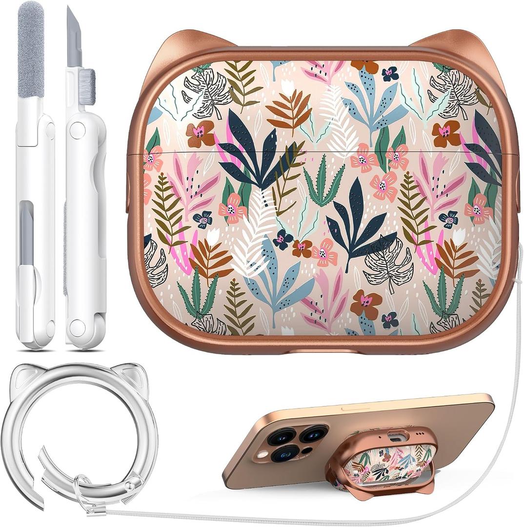2 x RFUNGUANGO AirPods Pro Case for Women Girly Cat Case with Lock, Phone Stand, Keychain & Cleaner Kit, Compatible with Apple Airpods Pro 2nd/1st Generation Case Cover, Rose Gold Leaf