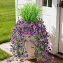 Hommyea Artificial Hanging Flowers for Outdoors with Wheat Grass, 5 Pcs Fake Hanging Plants for Spring Decor, UV Resistant Faux Silk Flower Greenry for Planter Porch Patio Yard Garden(Double Purple)