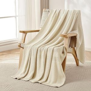 Joydeco Chunky Cable Knit Throw Blanket, Lightweight 100% Cotton Soft Cozy Throw Twin Blanket for Couch Bed and Sofa, Rustic Breathable Farmhouse Blanket Gift for Women Men(Cream White, 60"x80")