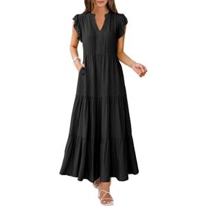 ANRABESS Womens Summer Casual Maxi Dress V Neck Ruffle Sleeve Long Dresses Fashion Flowy Tiered Boho Beach Vacation Sundress (Large, Black)