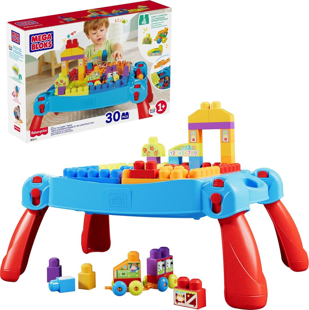 MEGA BLOKS First Builders Toddler Blocks Toy, Build n Learn Portable Activity Table with 30 Pieces and Built-In Storage, Blue, Kids Ages 1+ Years 