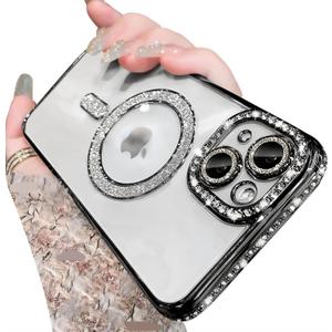 Magnetic Glitter Diamond for iPhone 15 Case[Compatible with MagSafe] Sparkle Rhinestone Camera Lens Protector Plated,Crtstal Clear Slim Military Drop Shockproof Cover for Women,Black